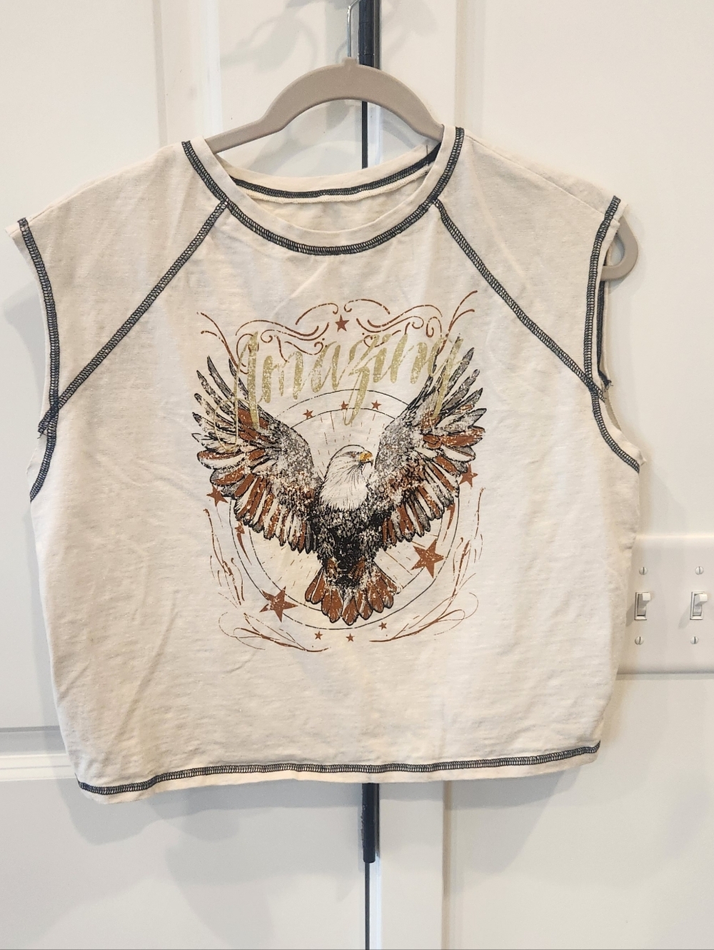 Graphic Eagle Crop Top - Cream with Brown & Black Detail